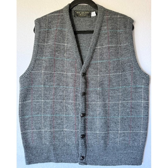 Van Heusen Other - VTG Van Heusen Sportwear Vest Men Large Gray Windowpane Button Front Made In USA